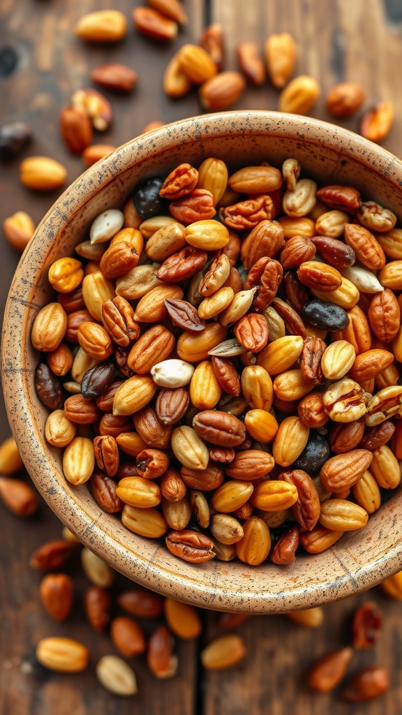 Crunchy and Flavorful Snack Watch Recipe A bowl of roasted nuts and seeds, garnished with spices, on a rustic wooden table.
